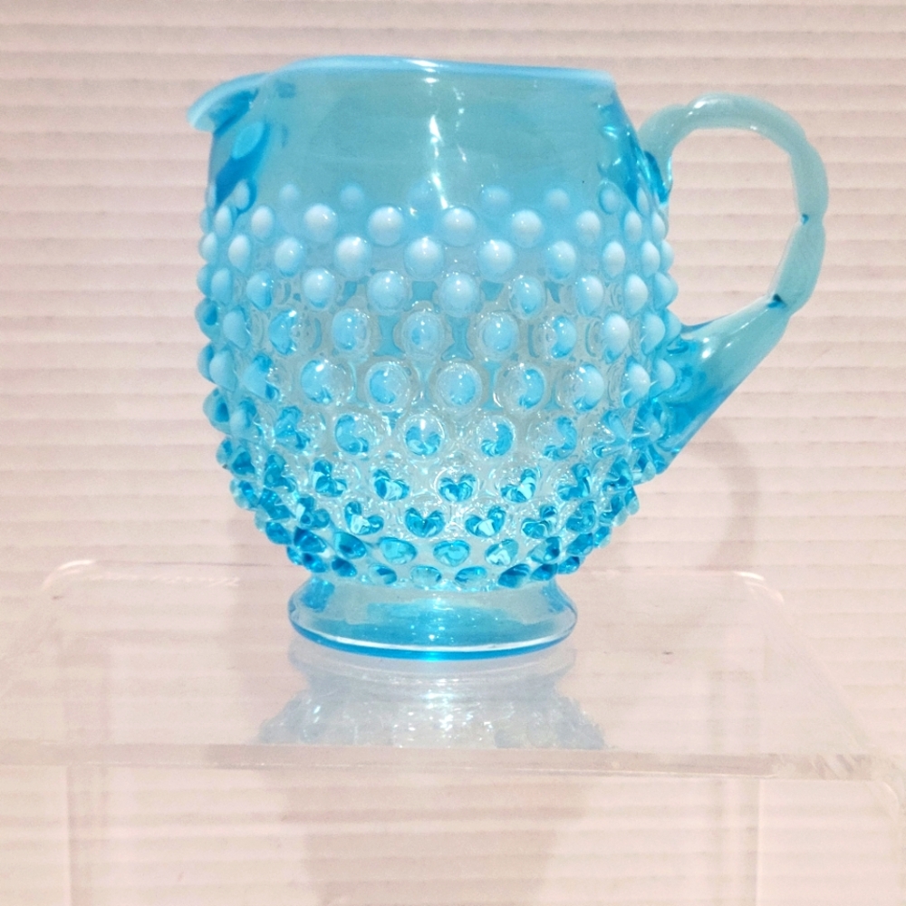 Vintage Fenton Art Glass Opalescdnt Ombre Blue Hobnail Milk Creamer Pitcher READ